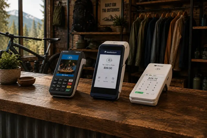 Countertop, wireless and smart payment terminals set up on the timber counter of an outdoor bike shop