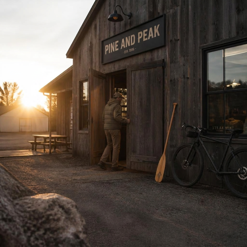 Shop owner opening the doors of a rustic outdoor gear shop at dawn